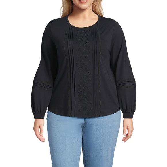 Lands' End Womens Top Sz 2X 20W 22W Jersey Pintuck Embroidery Black Lightweight - Picture 1 of 8